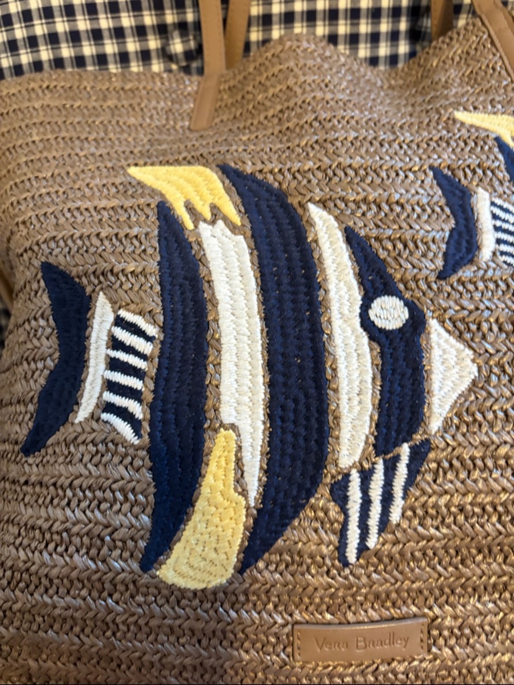 Vera Bradley Neutral Straw Tote with Navy, White & Yellow Fish - Picture 3 of 10